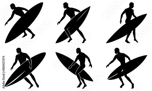 Six Surfers Carrying Surfboards Silhouette on White Background beach ocean