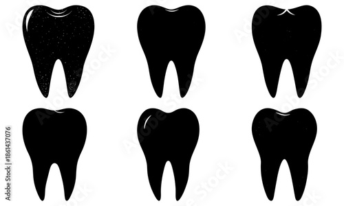 Six black teeth silhouettes on a white background dental tooth silhouette