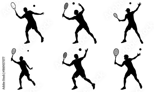 Silhouette of Tennis Players in Action with Rackets and Balls on White Background