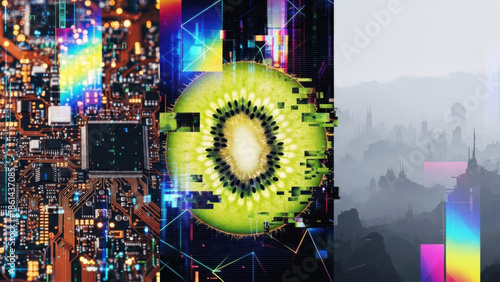 Digital art collage electronic circuit kiwi fruit and cityscape