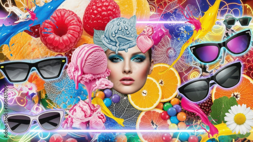 Vibrant surreal collage woman face sunglasses ice cream fruit