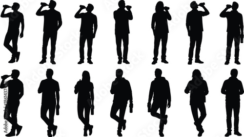 Stylized black silhouettes of people drinking from bottles in casual poses—standing, leaning, crossing legs, and gesturing