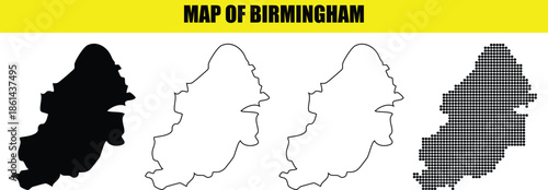 Birmingham map silhouette with outline and dotted pattern vector illustration city geography and cartography icons set