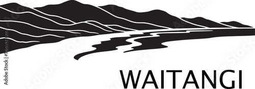 A striking black and white graphic depicts rolling hills a winding river and the word Waitangi