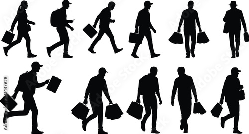 Stylized black silhouettes of people walking and standing with shopping bags in casual urban attire