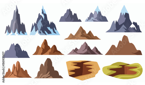 Cartoon rock mountain and snowy hill vector set for nature and hiking themes