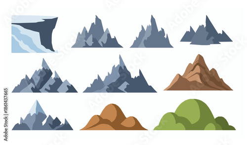 Flat rock mountain vector set with snowy cliffs and hiking landscape elements