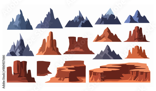 Rocky mountain and canyon silhouette vector collection isolated on white