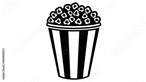 Black and white popcorn bucket isolated on white background depicting a classic cinema snack food or entertainment treat with a full serving of kernels