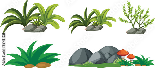 Cartoon Grass And Rocks Elements Isolated, Game Asset Nature Set, Green Plants.