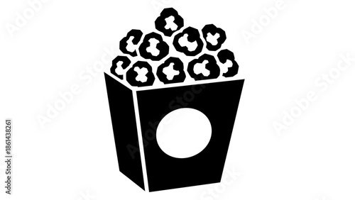 Stylized popcorn box with popcorn overflowing, graphic icon for snacks and entertainment, simple design on white background