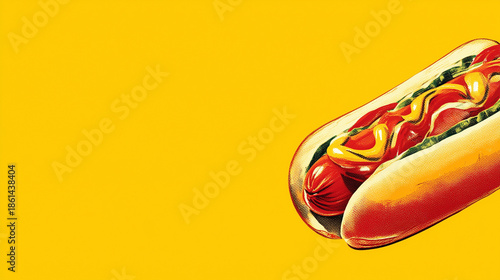 Pop art style hot dog illustration on yellow background with copy space, fast food concept and modern graphic design