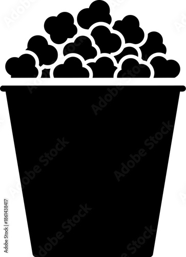 Minimalist black silhouette of a popcorn bucket filled to the brim with a generous serving of snack food, ideal for sleek and modern design projects focusing on treats and events