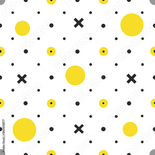 Geometric Pattern with Yellow Circles and Black Crosses on White Background abstract