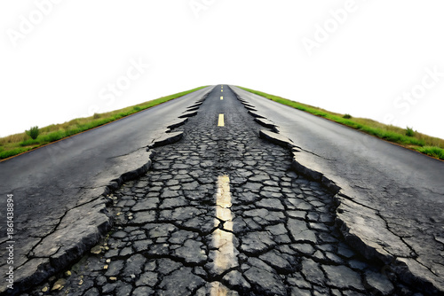 Cracked asphalt road with yellow line isolated on a transparent background broken