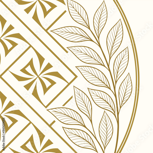 Golden Art Nouveau Leaf Branch and Geometric Pattern Detail outline line art