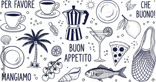 Italian food doodle set, hand drawn pizza, moka coffee pot, lemon, fish, palm tree, summer menu, vintage sketch vector elements.