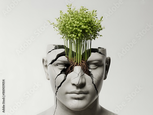 Human Mind Growth Concept with Green Plants Emerging from Cracked Marble Head