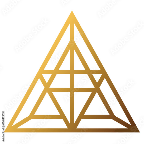 Golden Geometric Pyramid Structure With Internal Divisions On White Background Keywords: abstract, art, background, bright, clean, concept, construction, design, digital, element, energy