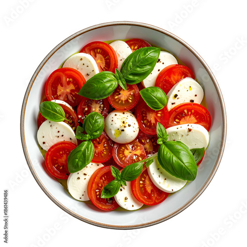 Overhead view of a caprese salad in a white bowl, on black. Sliced tomatoes and mozzarella, basil