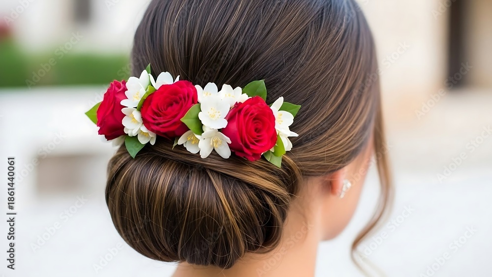 Naklejka premium Woman with Floral Hair Decoration Closeup.