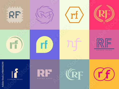RF logo company template. Letter r and f logotype. Set different classic serif lettering and modern bold text with design elements. Initial font typography.