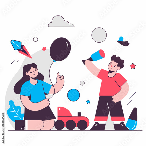 Kids and Playful Cartoon Style Objects in Bright Flat Colors for Children's Education and Games