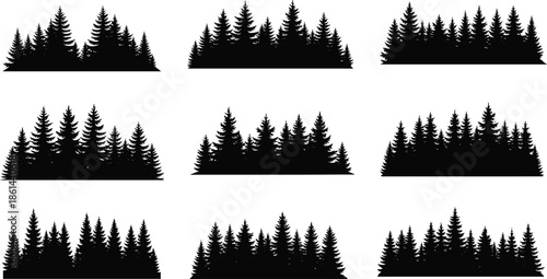 Coniferous forest silhouette set, black pine tree horizon, woodland landscape, evergreen fir panorama, nature wood background vector illustration art.