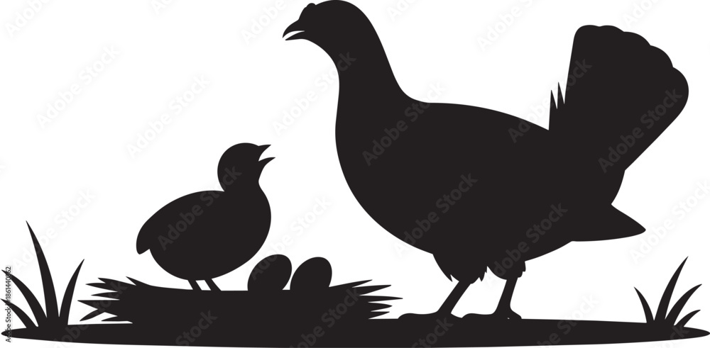 Obraz premium Chicken silhouette with chick and nest vector illustration for farm and poultry design