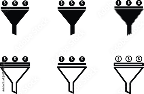 business finance marketing funnel icons with dollars