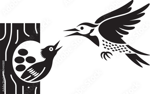 Detailed black silhouette of woodpecker bird feeding hungry baby in tree hole