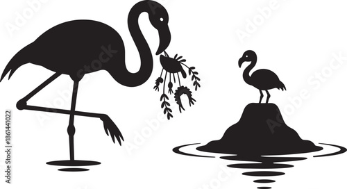 Flamingo silhouette standing on one leg bringing food to chick on mud nest mound in water lake