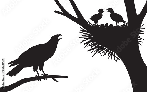 Eagle silhouette with chicks in nest on tree branch vector illustration for wild bird art