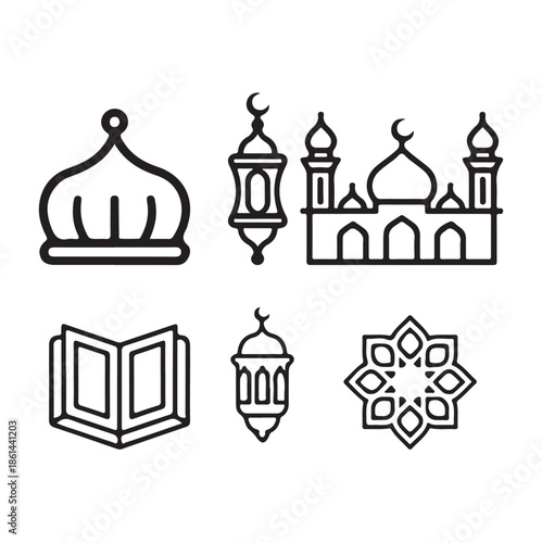 A collection of islamic symbols and architectural elements displayed in a simple black and white line art style