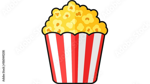 Popcorn box illustration with yellow kernels and red stripes vector isolated on white background for cinema snack advertising and food menu design flat vector graphic illustration