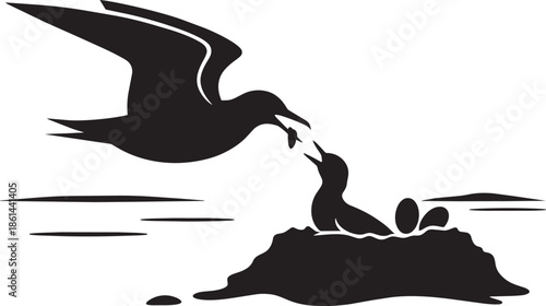 Seagull feeding chick in nest vector illustration isolated on transparent background