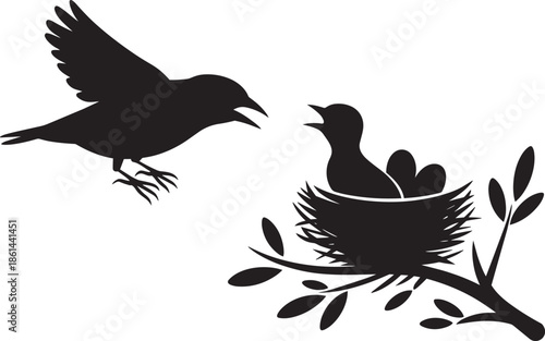 Silhouette of bird feeding chick in nest on tree branch checkered background