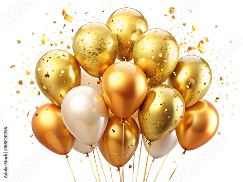 Gold and white balloons with confetti isolated on a transparent background gold balloons