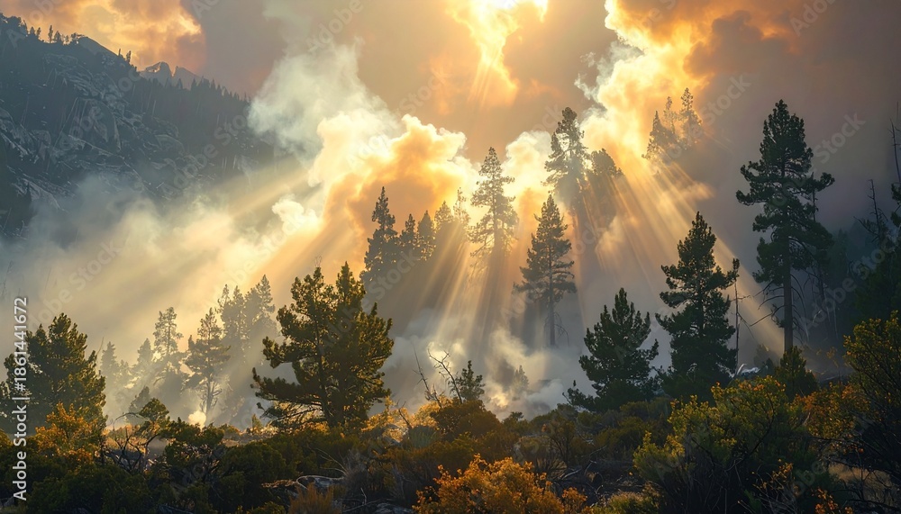 Fototapeta premium Dramatic scene of a forest fire with thick smoke billowing through pine trees as intense sunbeams pierce the sky. Environmental disaster concept showing wildfire devastation and climate change effects