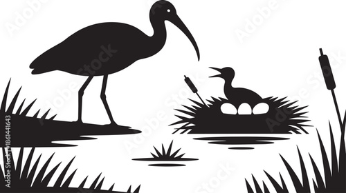 Silhouette of parent bird with chick in nest near reeds checkered background