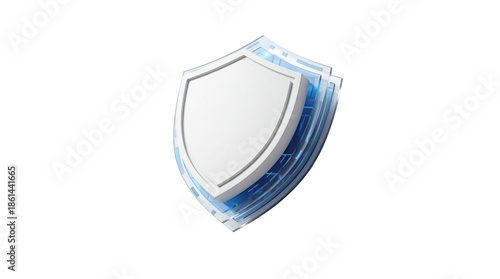 A highly detailed 3d rendered white shield with blue circuit board design on a transparent background, symbolizing digital protection and security in a futuristic
