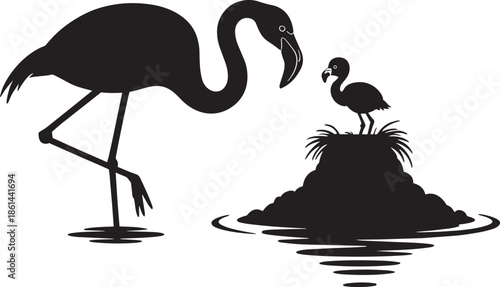 Tall flamingo parent standing near small chick on mound silhouette vector design