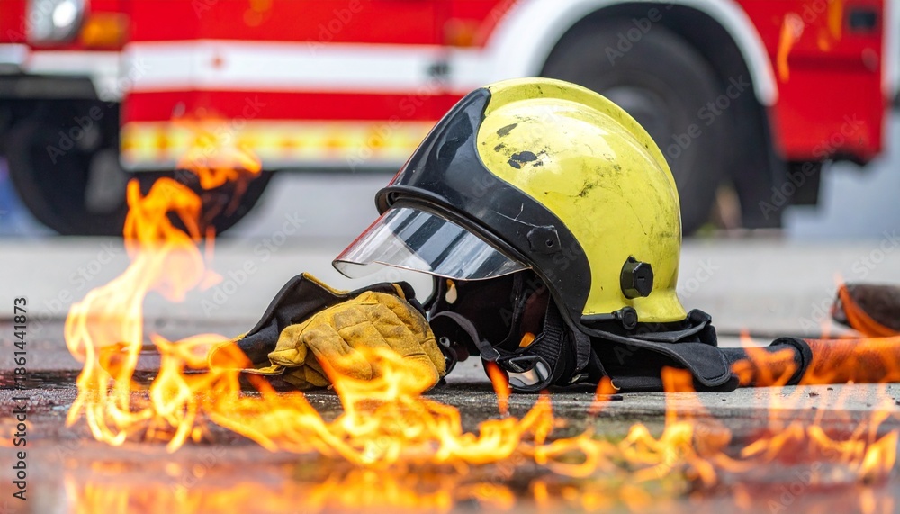 Fototapeta premium Firefighter's helmet and gloves on the ground with flames in the foreground after a rescue mission. Concept of bravery, danger, and emergency services with a fire truck in the background.