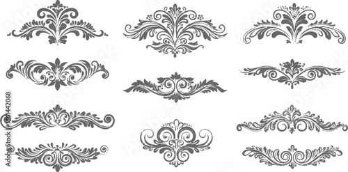 Vintage black floral vector set of ornate scroll ornaments and calligraphic flourish elements for decorative frame and border design patterns