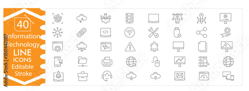 Information Technology Icons. Line and Glyph Icons for Network Security, Software Development, Cloud Computing, Data Management, IT Support and System Administration Editable Stroke Vector Format. 