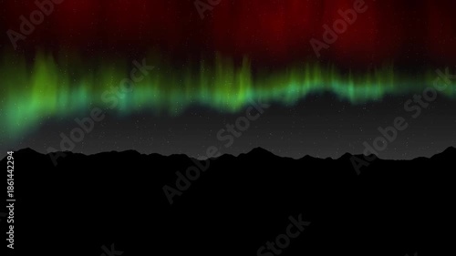 Aurora lights glowing across night sky above dark mountain silhouette with stars scattered in polar landscape, vibrant green, red colors creating dramatic celestial atmosphere, arctic nature, winter  