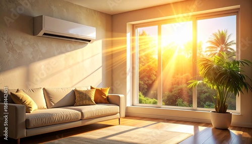 Modern living room with air conditioner cooling the space during a hot summer day. Bright sunlight streams through the window, highlighting the comfortable sofa and creating a cozy, cool indoor oasis.