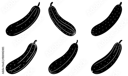 Five Black Cucumbers with White Dots on White Background vegetable silhouette