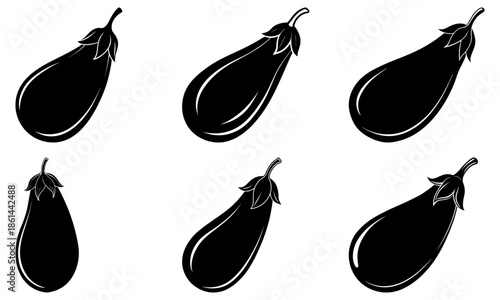 Five Black Eggplant Silhouettes on White Background vegetable