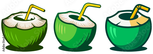 Coconut Drink Vector Set – Fresh Tropical Coconut Beverages with Straw, Summer Juice Illustration Collection Isolated on White Background